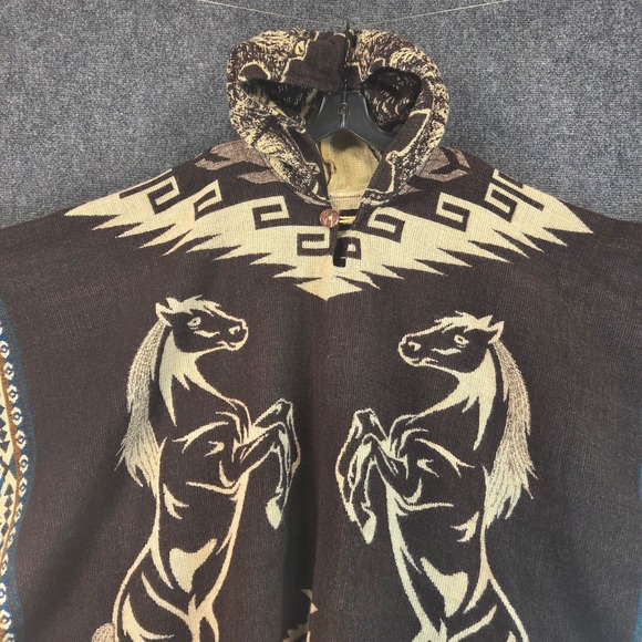 Southwestern Horse Hooded Poncho Blanket Shawl Fringe Cape Western Aztec Boho - Picture 2 of 16